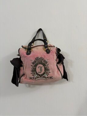 Vintage Y2K Juicy Couture Pink Velour Satchel Bag Embroidered Crown Crest Bows